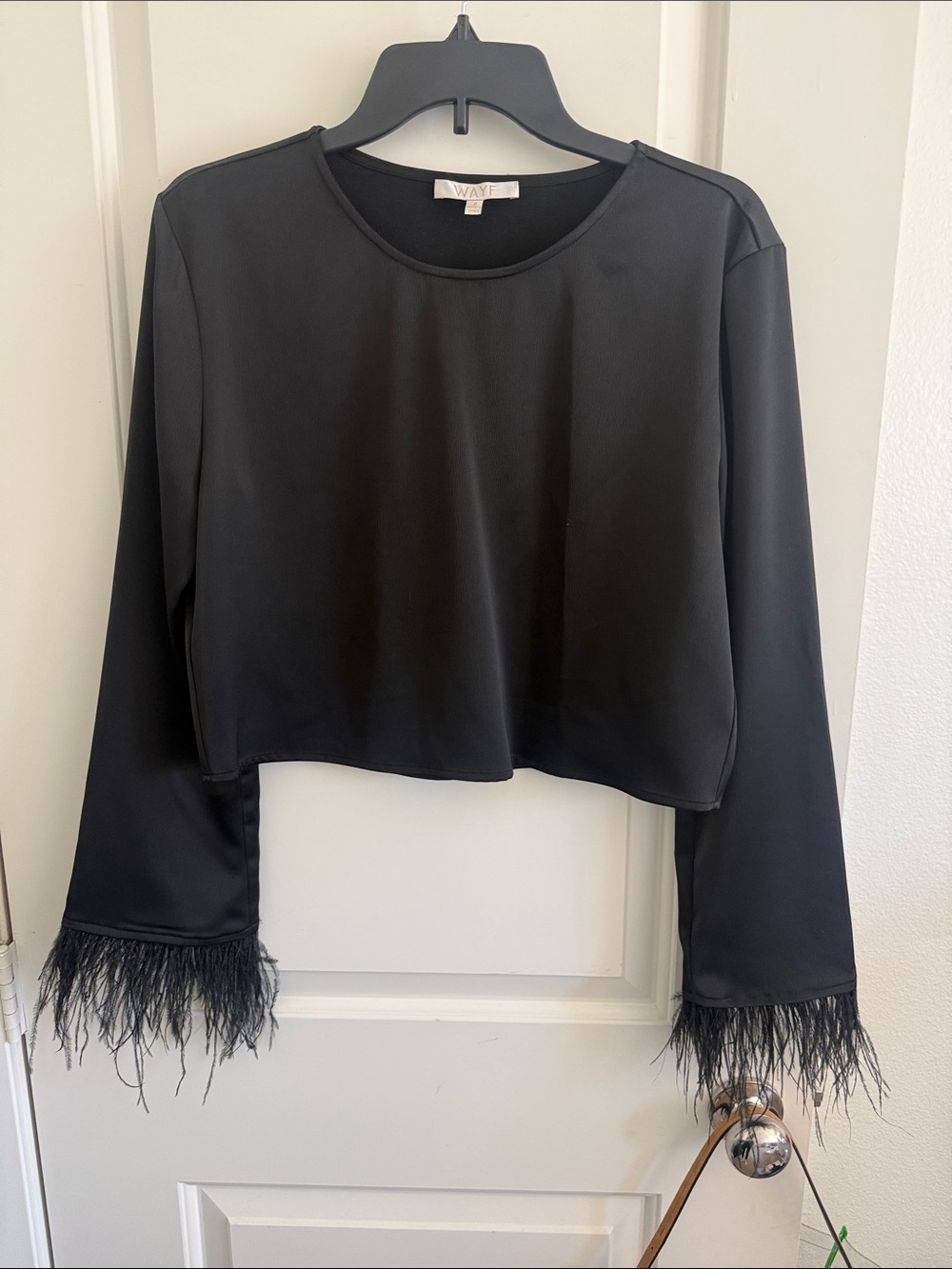 Wayf Black Feather-Trim Long Sleeve Crop Top